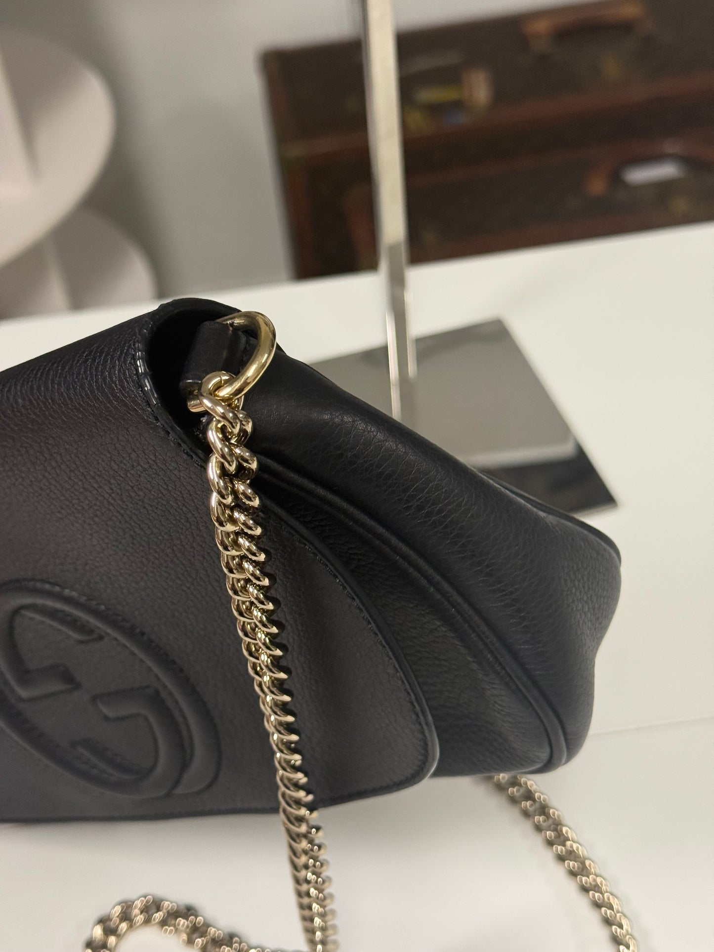 Gucci Black Pebbled Leather Soho Chain Flap Shoulder Bag