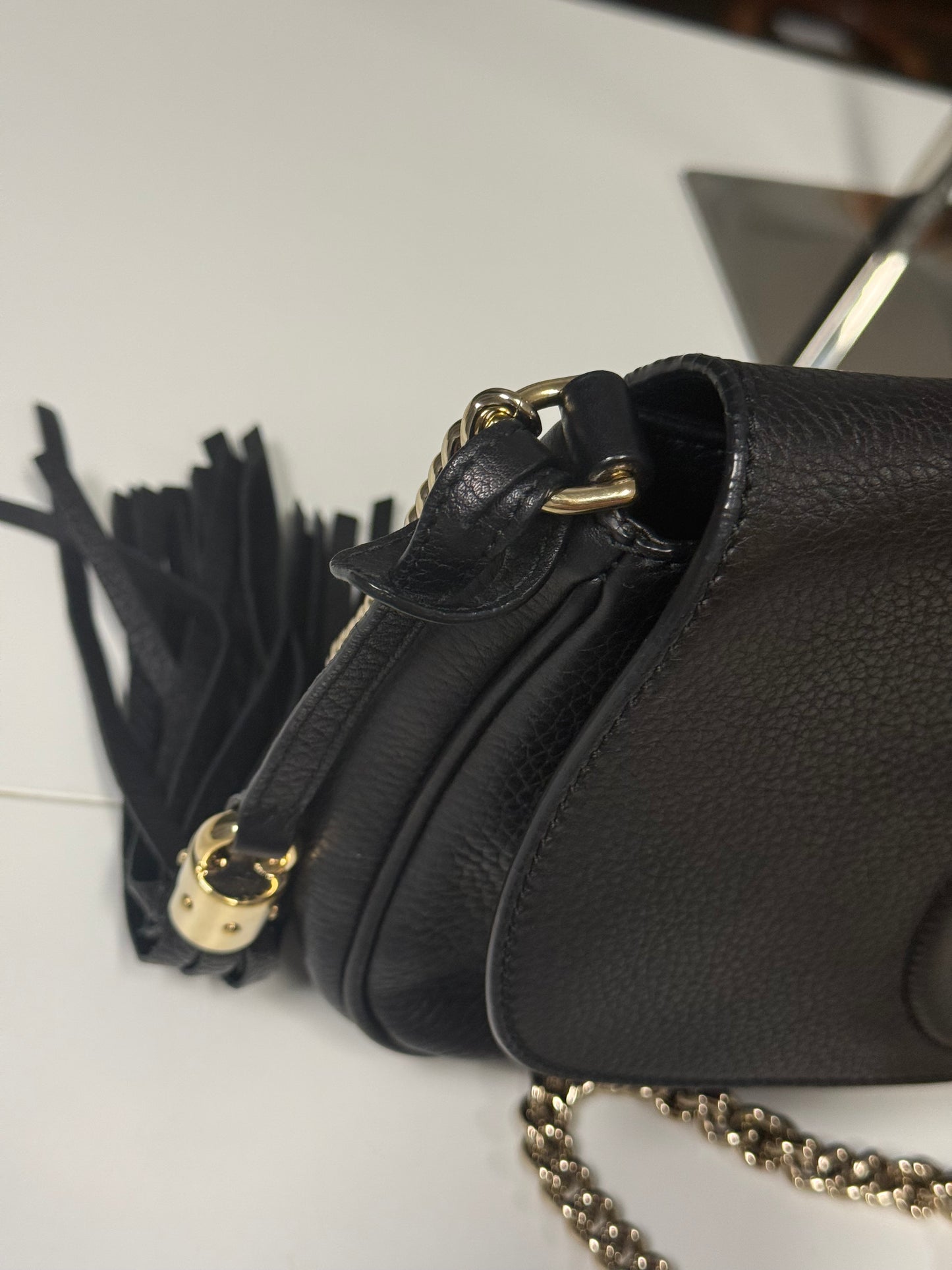 Gucci Black Pebbled Leather Soho Chain Flap Shoulder Bag