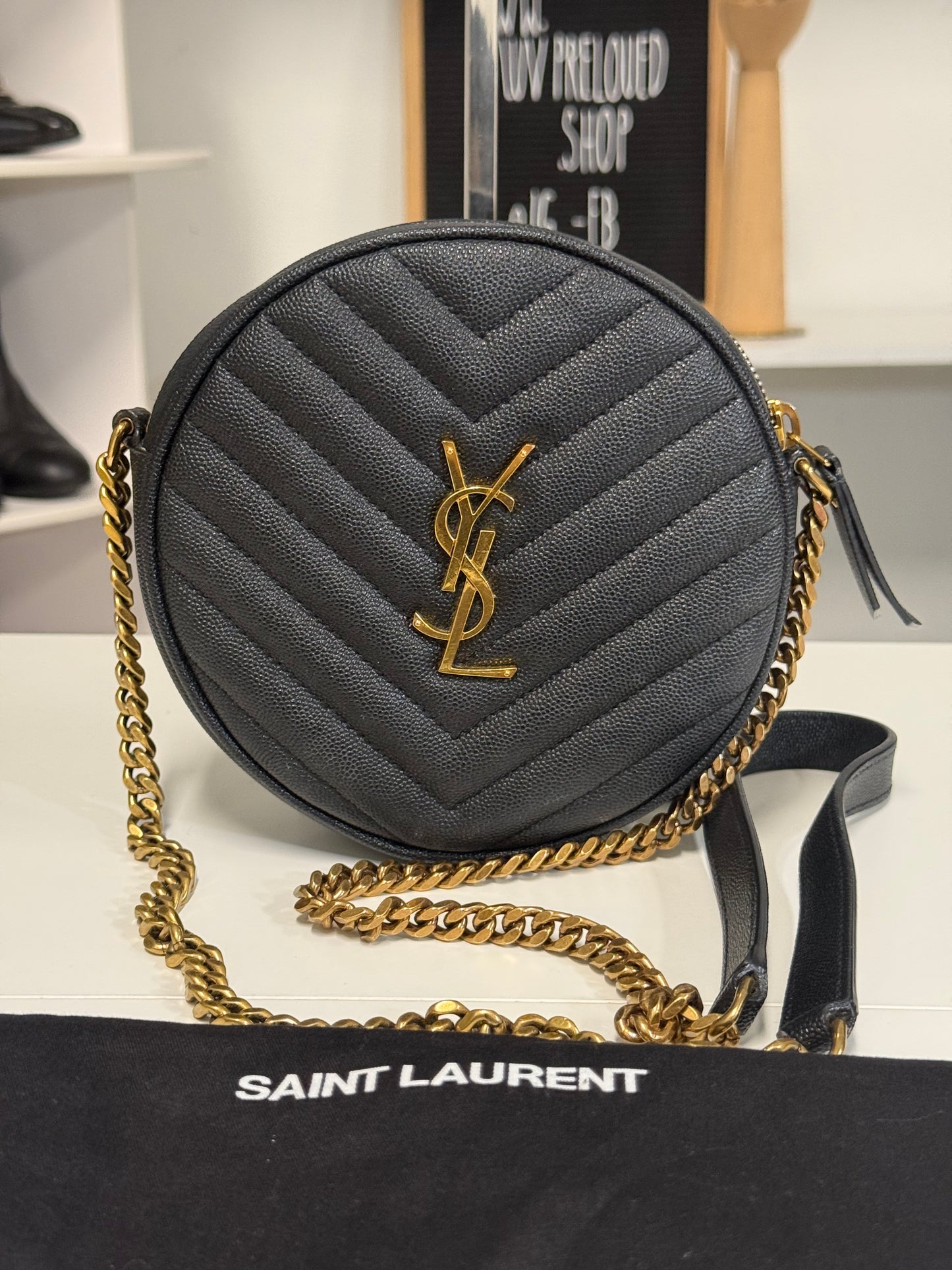 Yves Saint Laurent  Vinyle Round Chevron Leather Camera Crossbody Bag Black