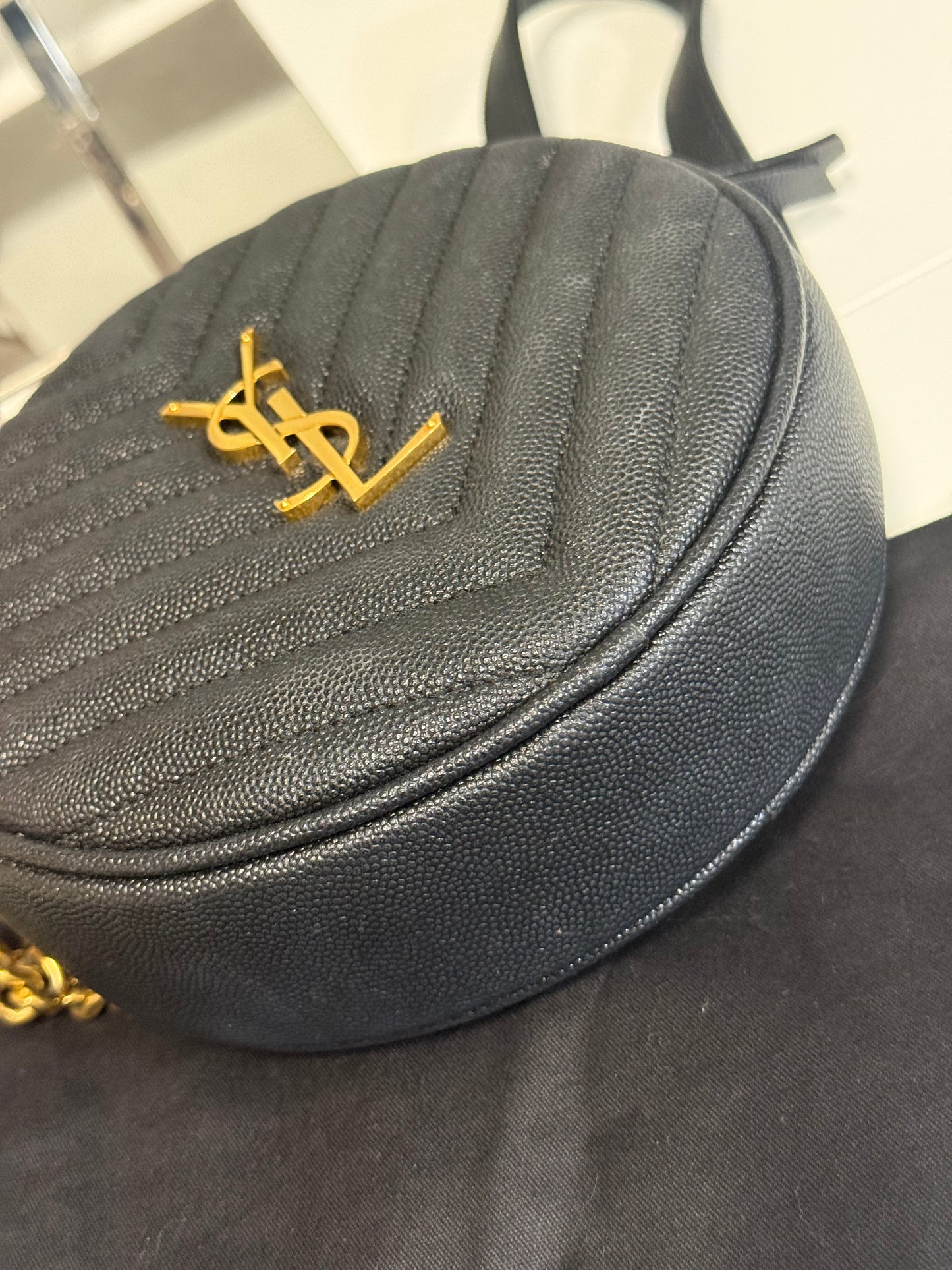 Yves Saint Laurent  Vinyle Round Chevron Leather Camera Crossbody Bag Black