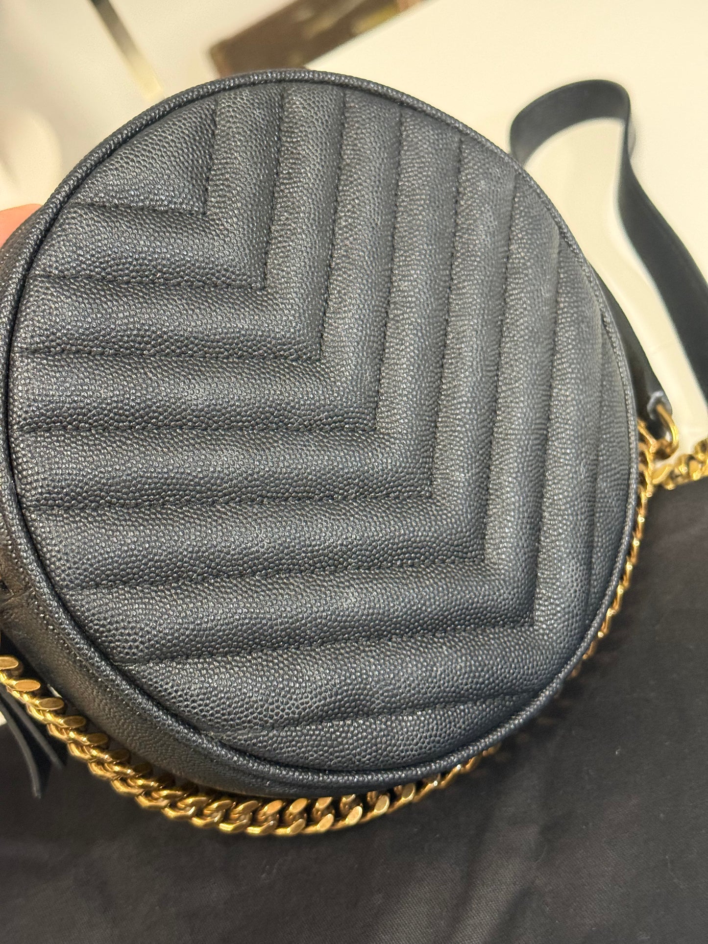 Yves Saint Laurent  Vinyle Round Chevron Leather Camera Crossbody Bag Black