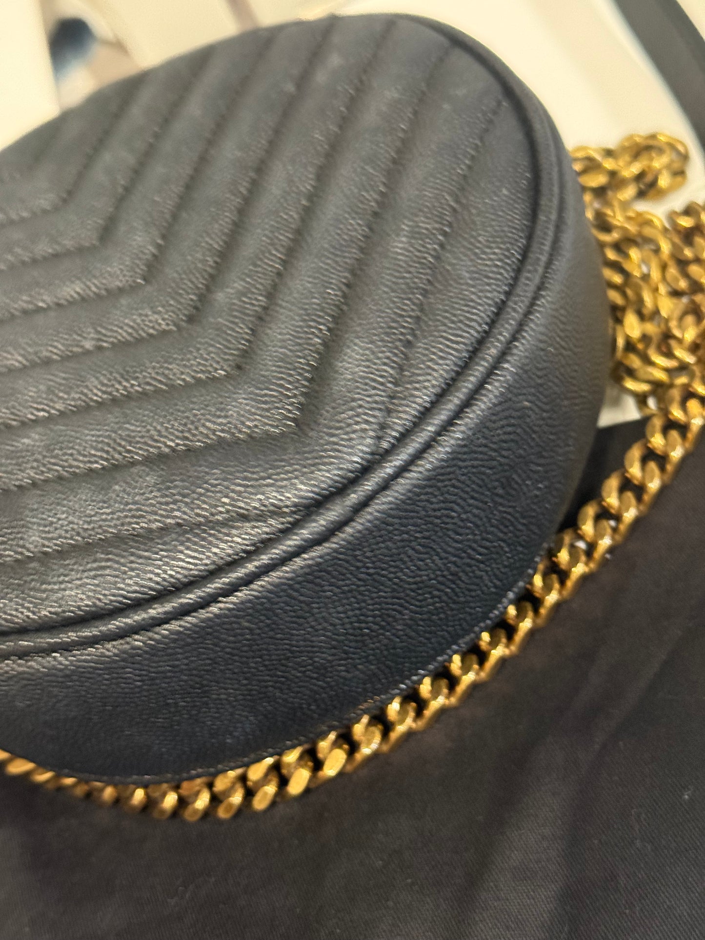 Yves Saint Laurent  Vinyle Round Chevron Leather Camera Crossbody Bag Black