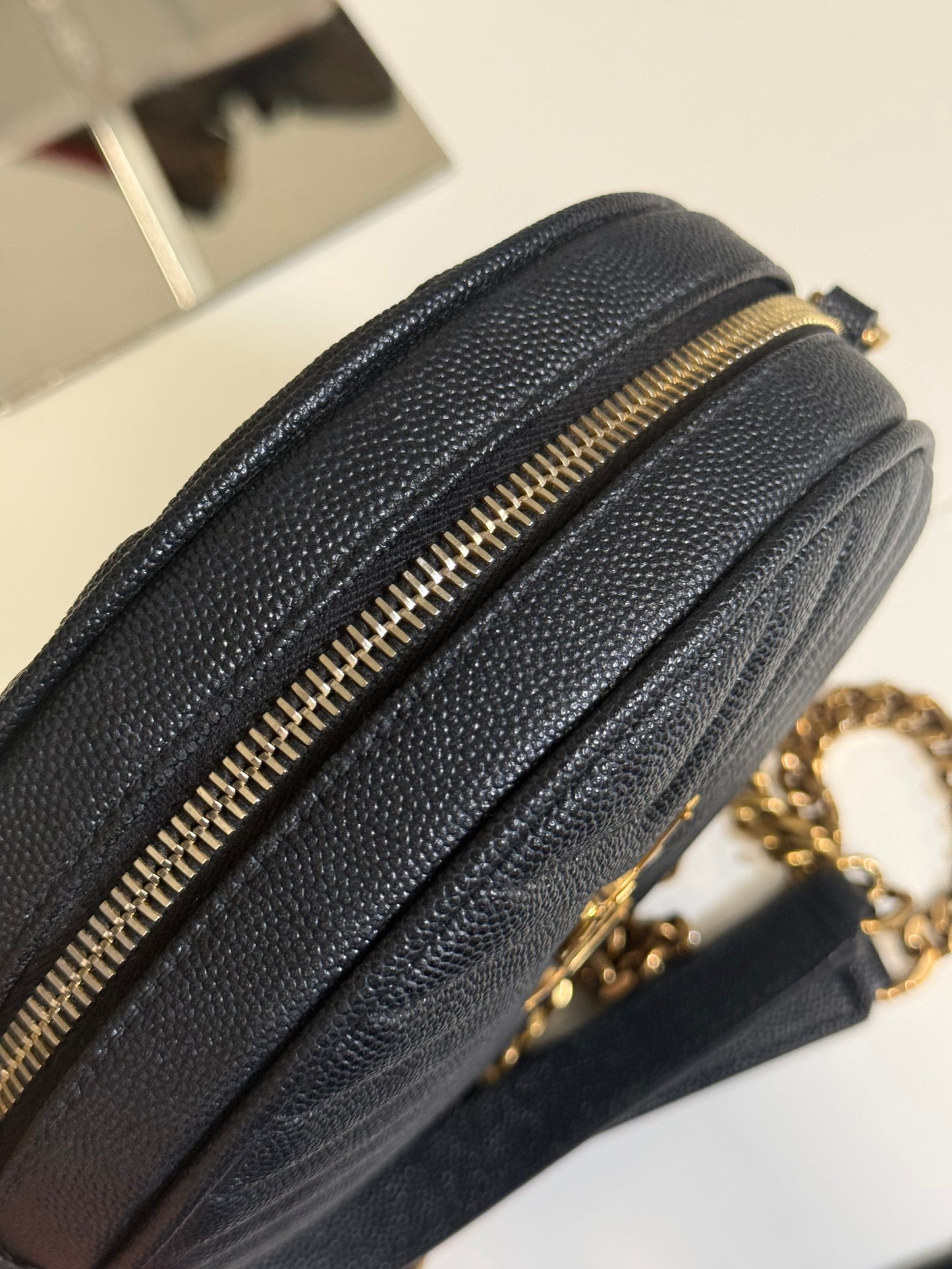 Yves Saint Laurent  Vinyle Round Chevron Leather Camera Crossbody Bag Black