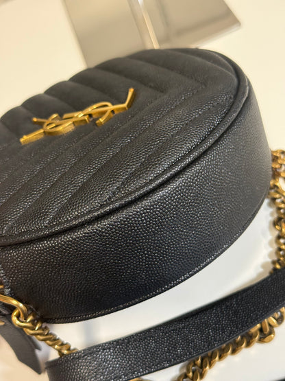 Yves Saint Laurent  Vinyle Round Chevron Leather Camera Crossbody Bag Black